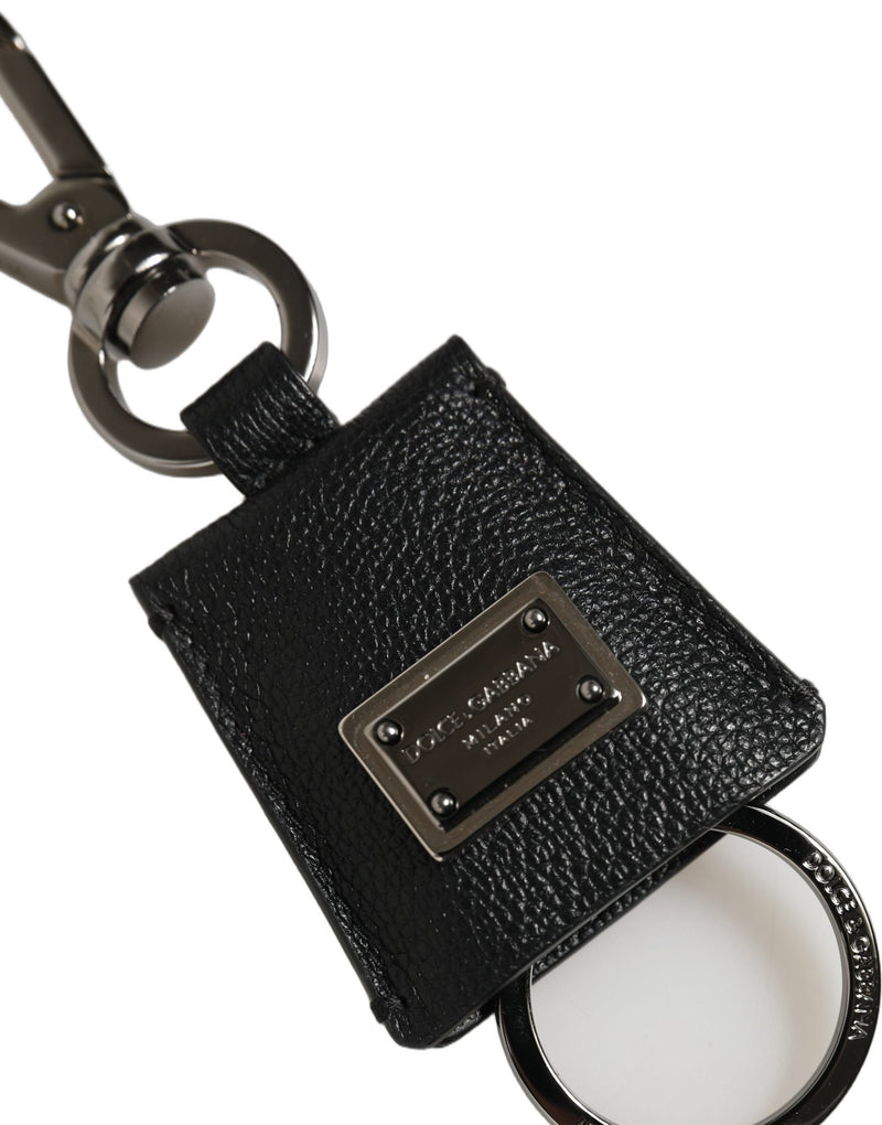 Porte-clés Dolce & Gabbana en Cuir Dauphine Noir avec Plaque Logo en Métal Argenté