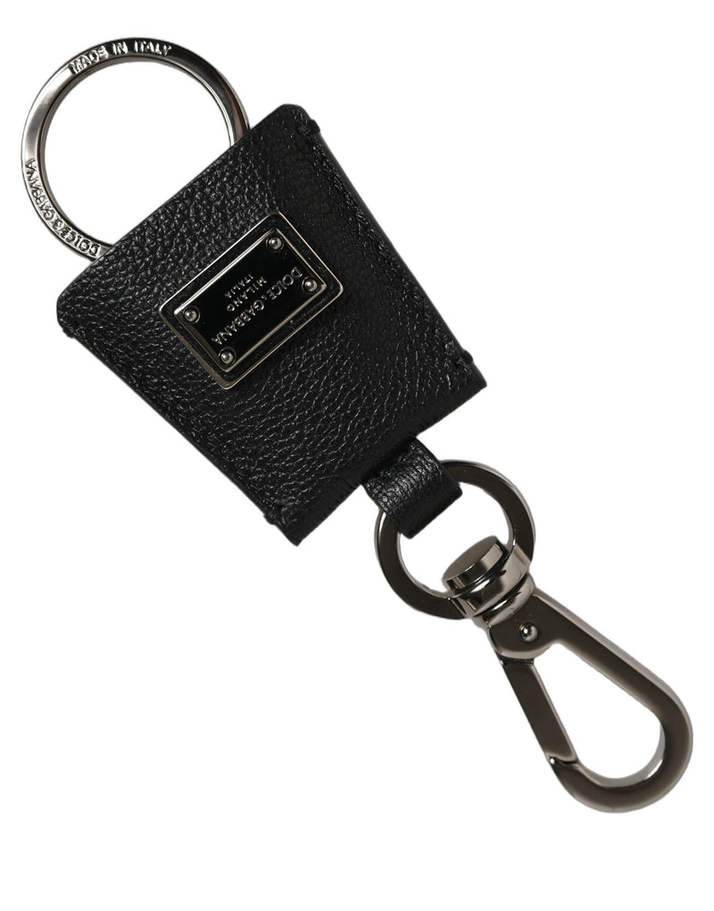 Porte-clés Dolce & Gabbana en Cuir Dauphine Noir avec Plaque Logo en Métal Argenté