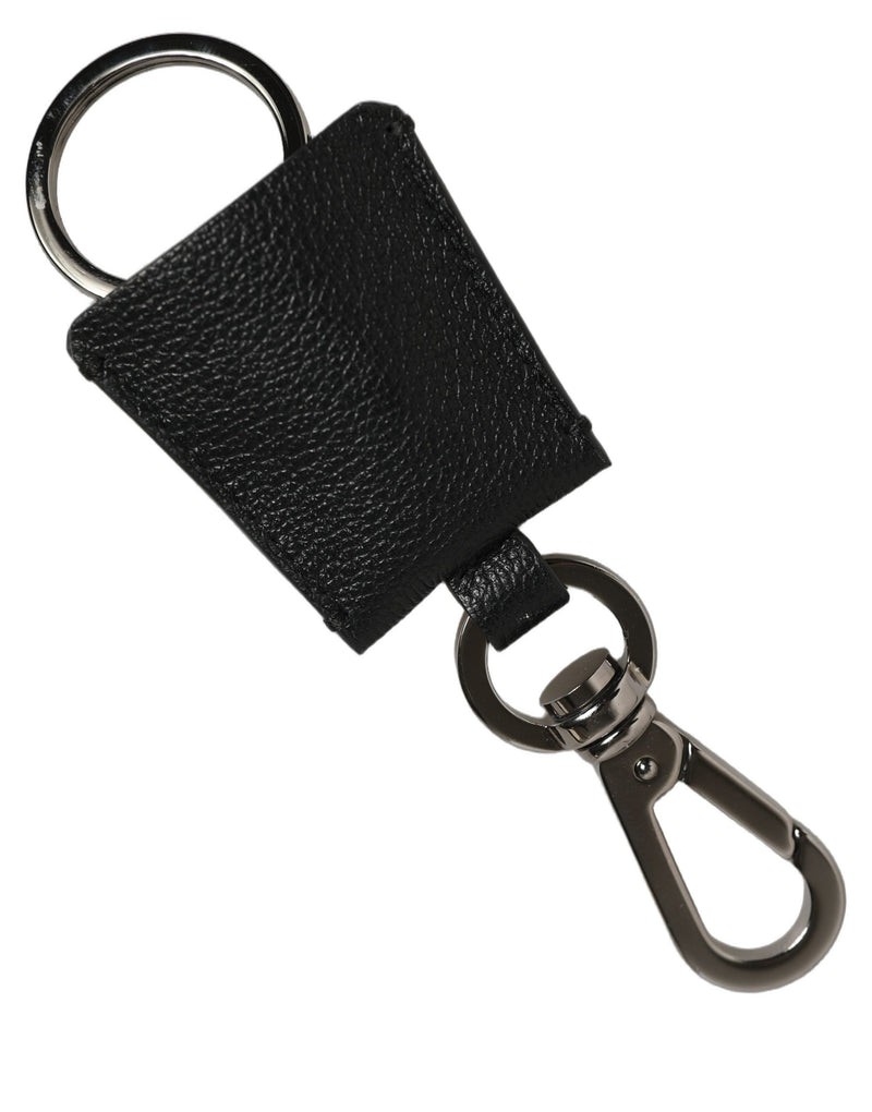 Porte-clés Dolce & Gabbana en Cuir Dauphine Noir avec Plaque Logo en Métal Argenté