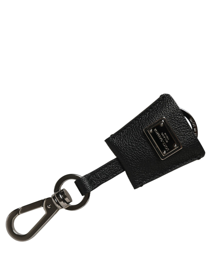 Porte-clés Dolce & Gabbana en Cuir Dauphine Noir avec Plaque Logo en Métal Argenté