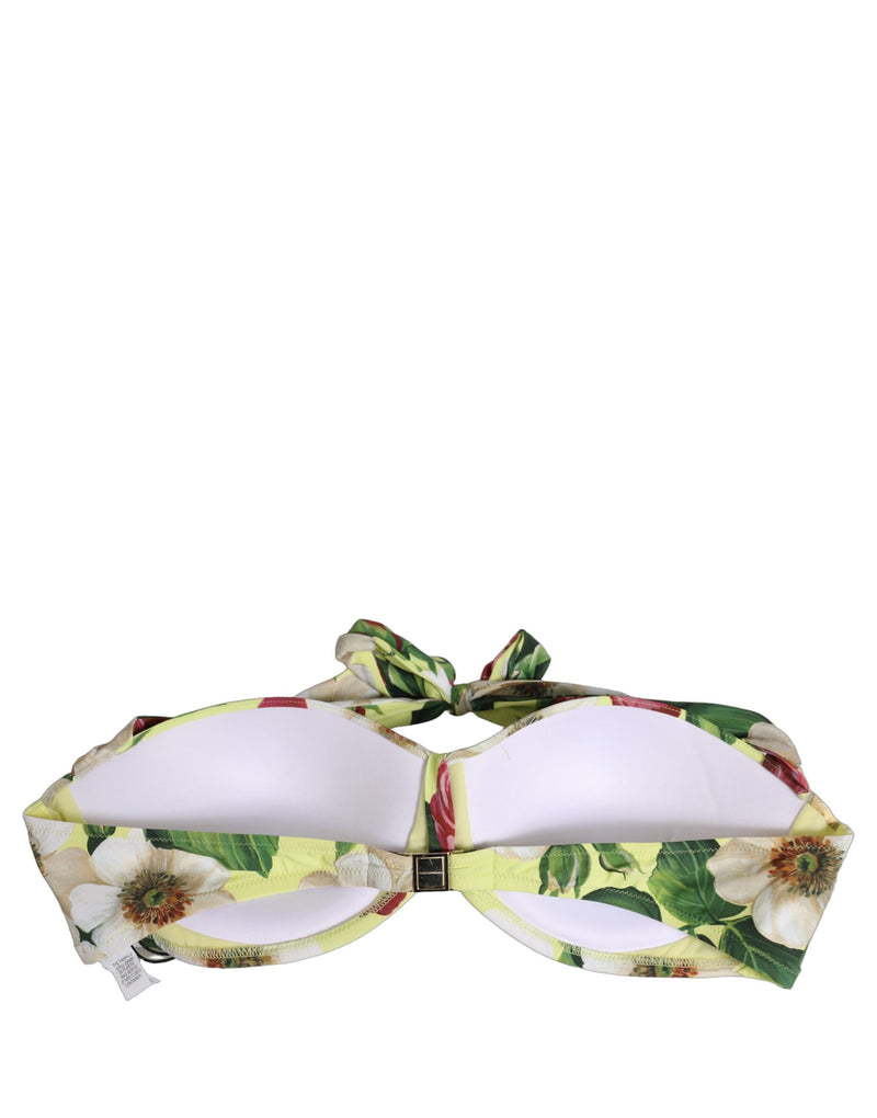 Haut de bikini Dolce & Gabbana jaune à motif floral, en nylon, avec liens à nouer autour du cou