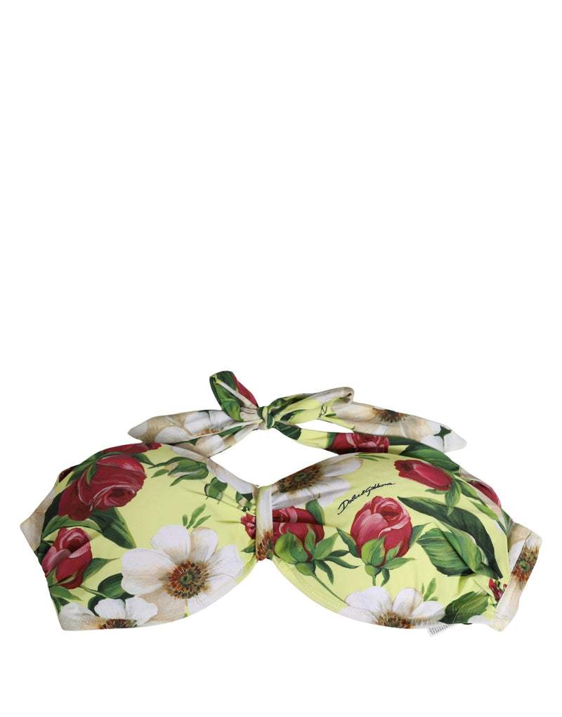 Haut de bikini Dolce & Gabbana jaune à motif floral, en nylon, avec liens à nouer autour du cou