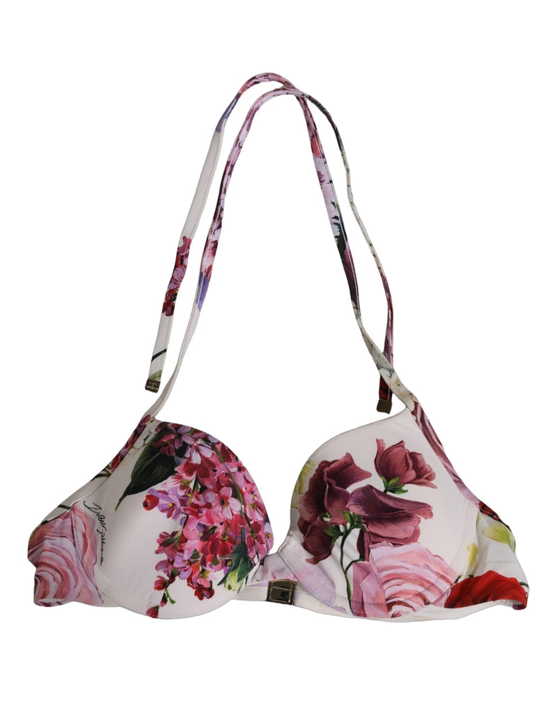 Dolce & Gabbana White Floral Print Nylon Beachwear Bikini Top