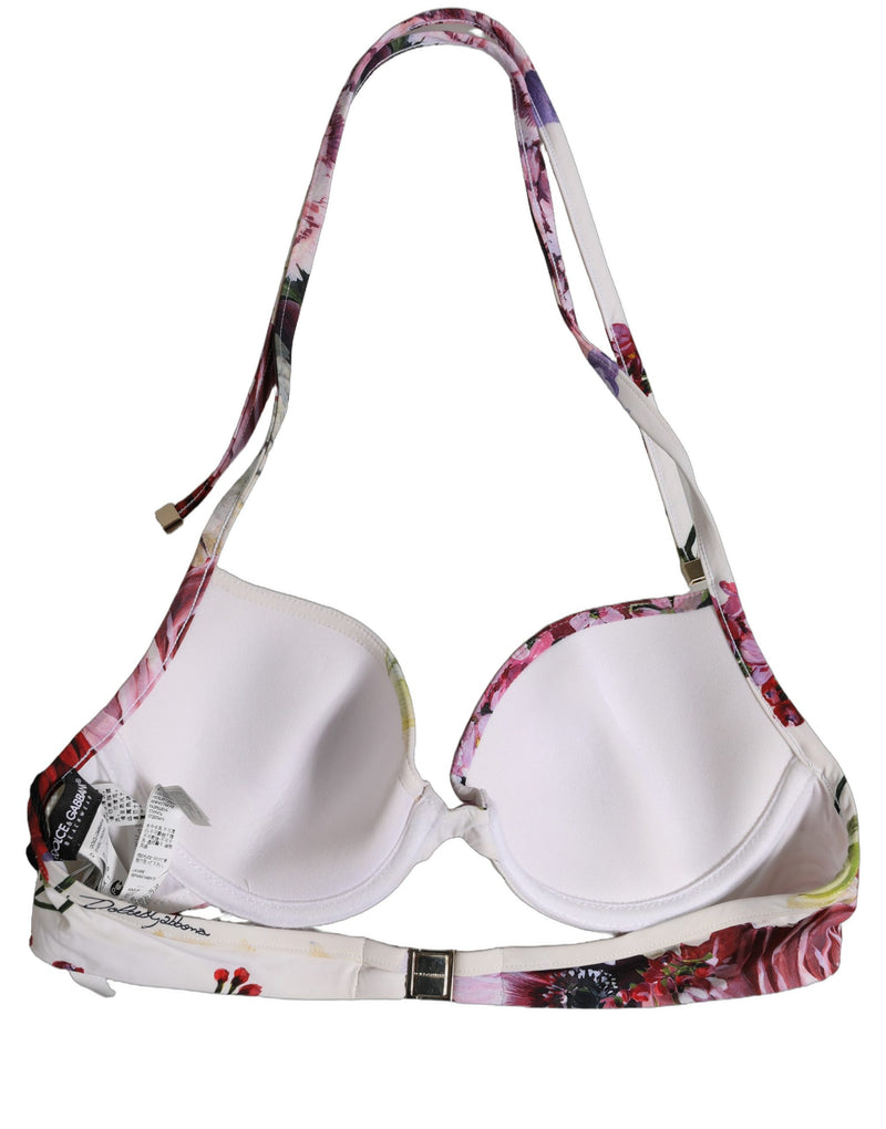 Dolce & Gabbana White Floral Print Nylon Beachwear Bikini Top