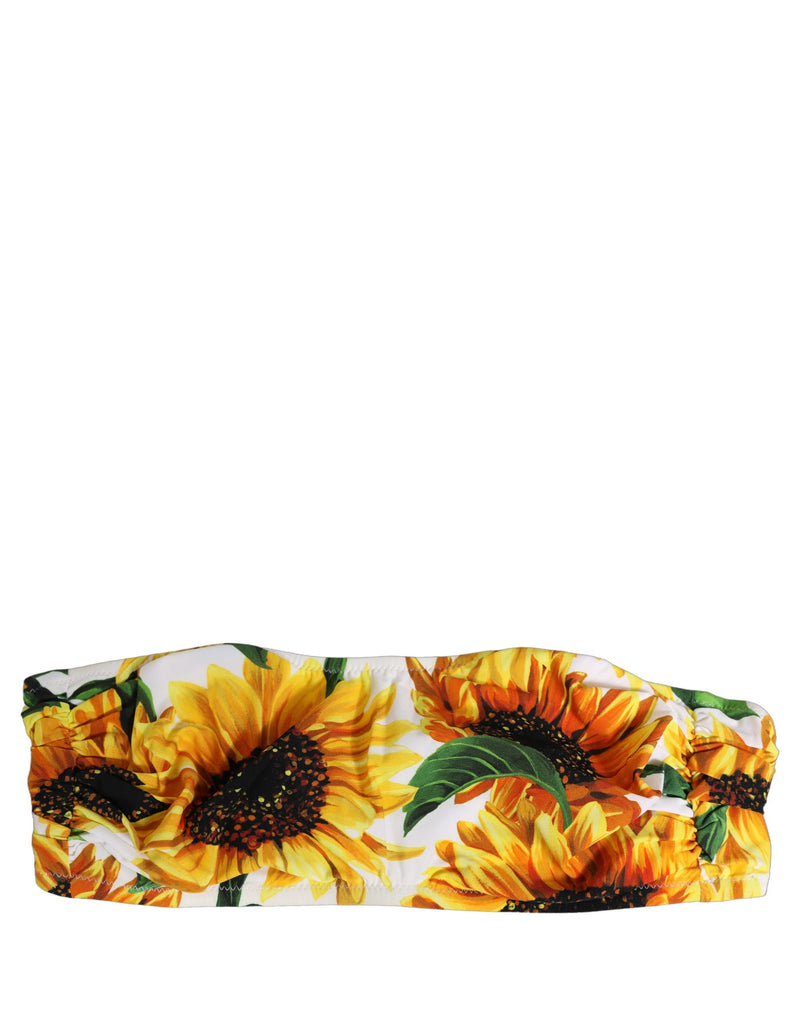 Dolce & Gabbana White Sunflower Print Bandeau Beachwear Bikini Top