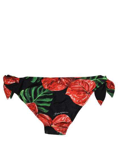 Dolce & Gabbana Black Floral Print Nylon Beachwear Bikini Bottom