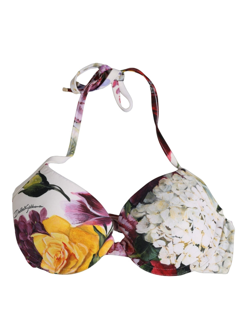 Dolce & Gabbana White Floral Print Nylon Beachwear Bikini Top