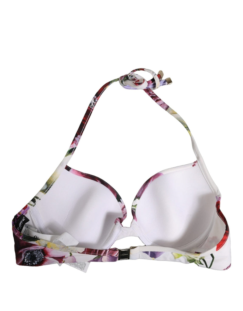 Dolce & Gabbana White Floral Print Nylon Beachwear Bikini Top
