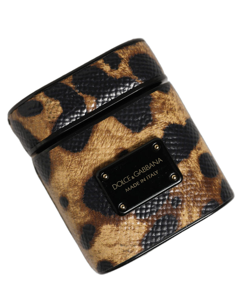 Étui pour Airpods Dolce &amp; Gabbana en cuir de veau léopard marron avec plaque métallique et logo