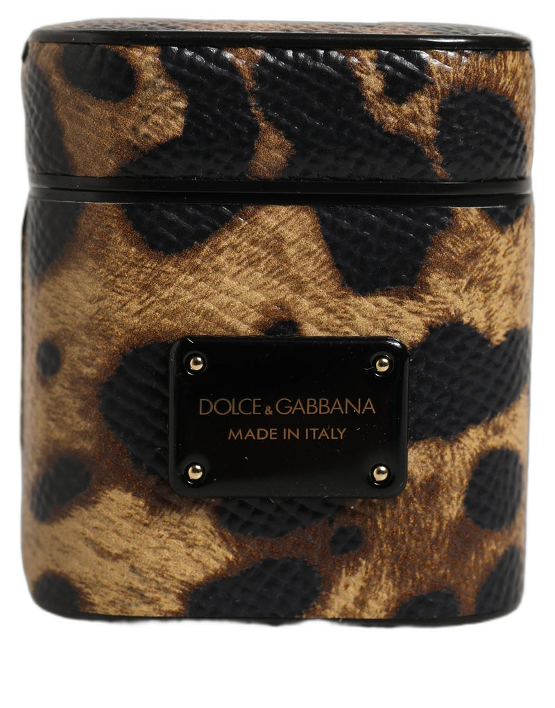 Étui pour Airpods Dolce &amp; Gabbana en cuir de veau léopard marron avec plaque métallique et logo
