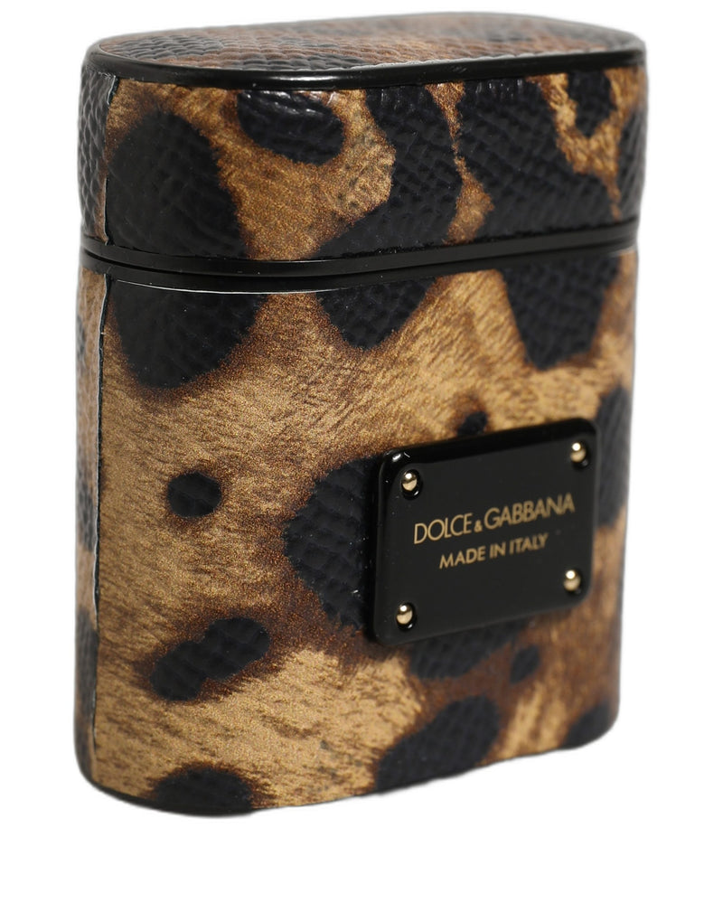Étui pour Airpods Dolce &amp; Gabbana en cuir de veau léopard marron avec plaque métallique et logo