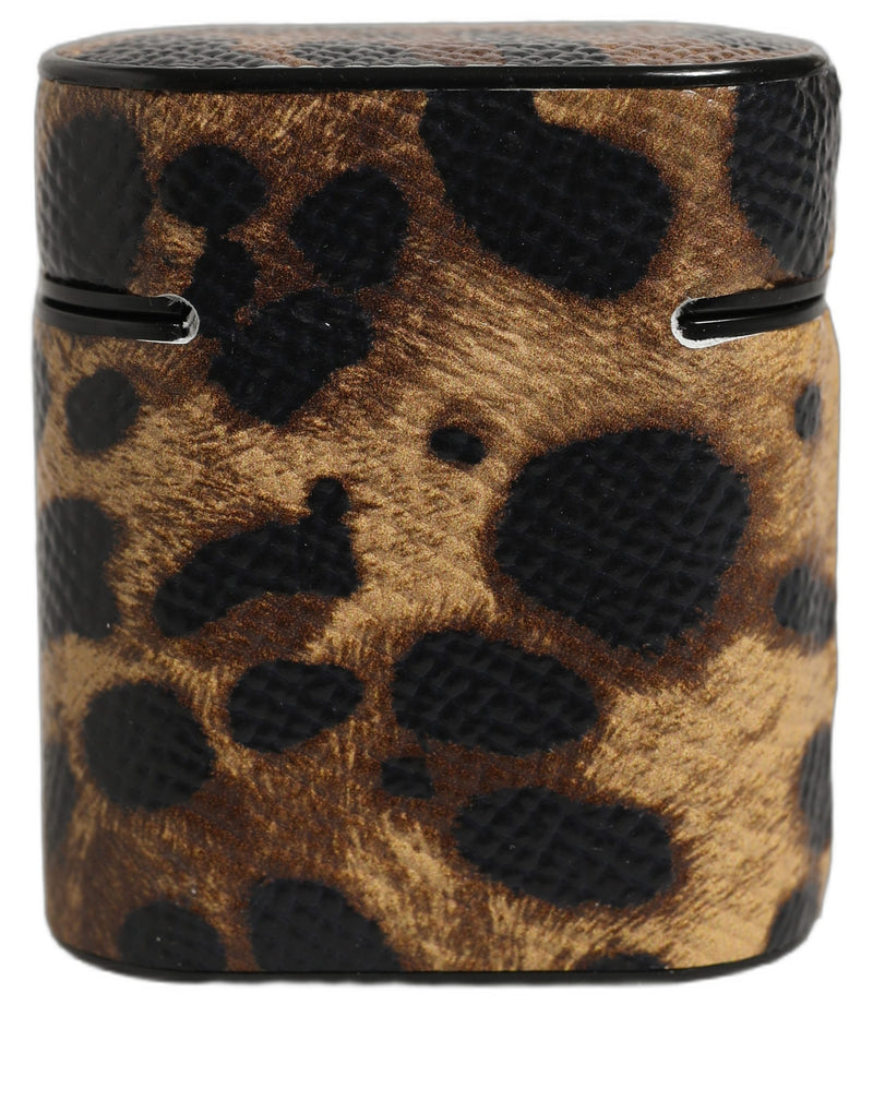 Étui pour Airpods Dolce &amp; Gabbana en cuir de veau léopard marron avec plaque métallique et logo