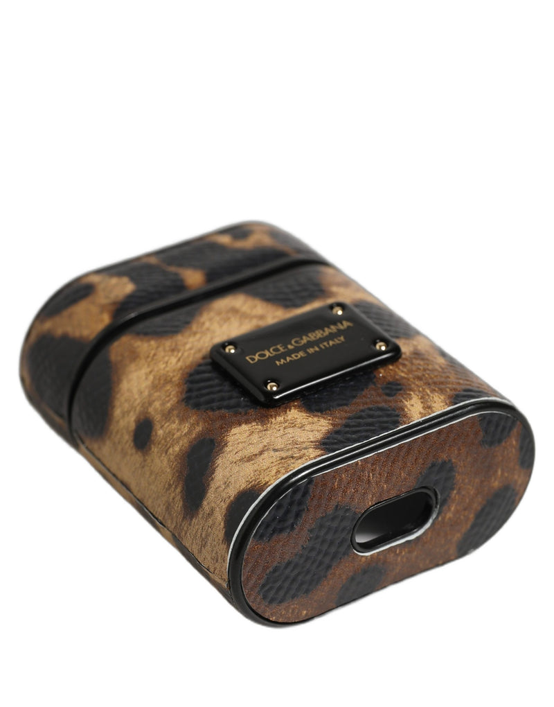 Étui pour Airpods Dolce &amp; Gabbana en cuir de veau léopard marron avec plaque métallique et logo