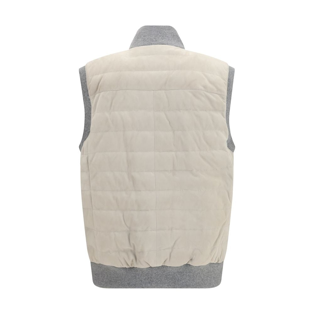 Brunello Cucinelli Gilet Sans Manches en Cuir de Veau Beige
