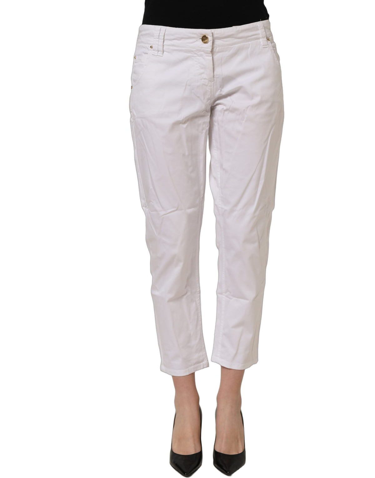 Pantalon blanc Gaudi en coton coupe droite écourtée taille mi-haute