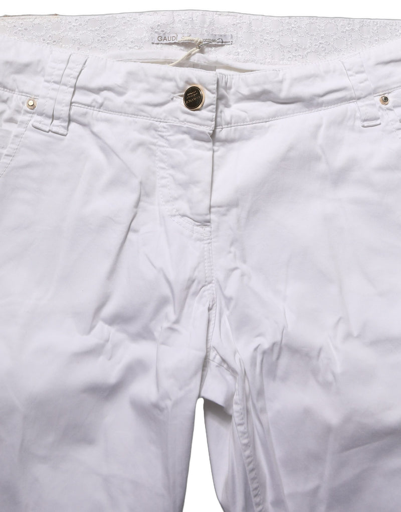 Gaudi White Mid Waist Straight Cropped Cotton Trouser Pants