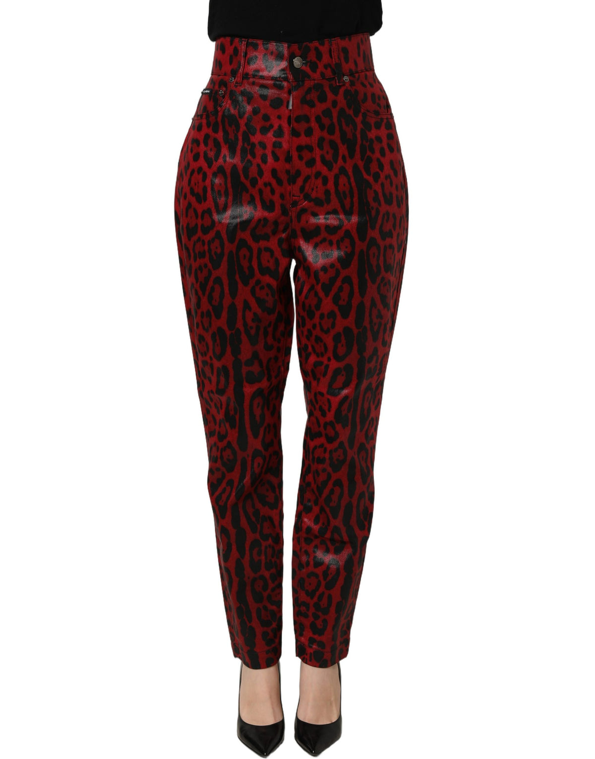 Jean coupe droite 5 poches en coton imprimé léopard rouge Dolce & Gabbana