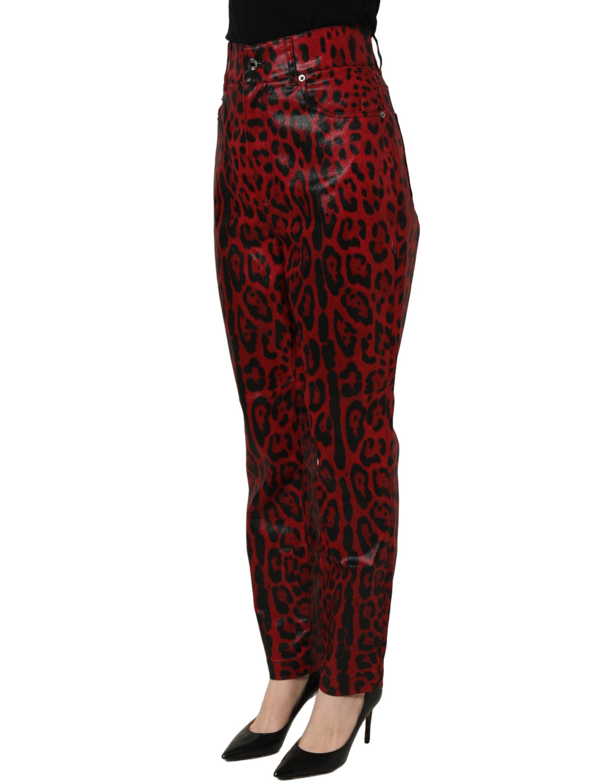 Jean coupe droite 5 poches en coton imprimé léopard rouge Dolce & Gabbana