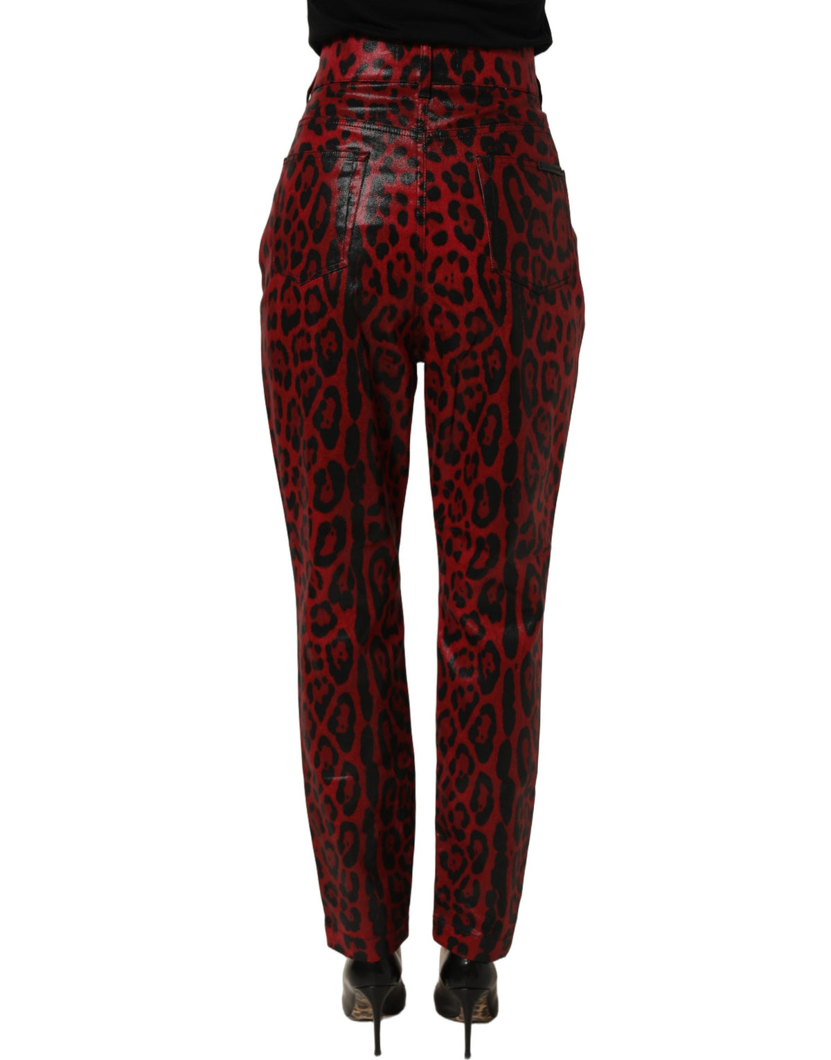 Jean coupe droite 5 poches en coton imprimé léopard rouge Dolce & Gabbana