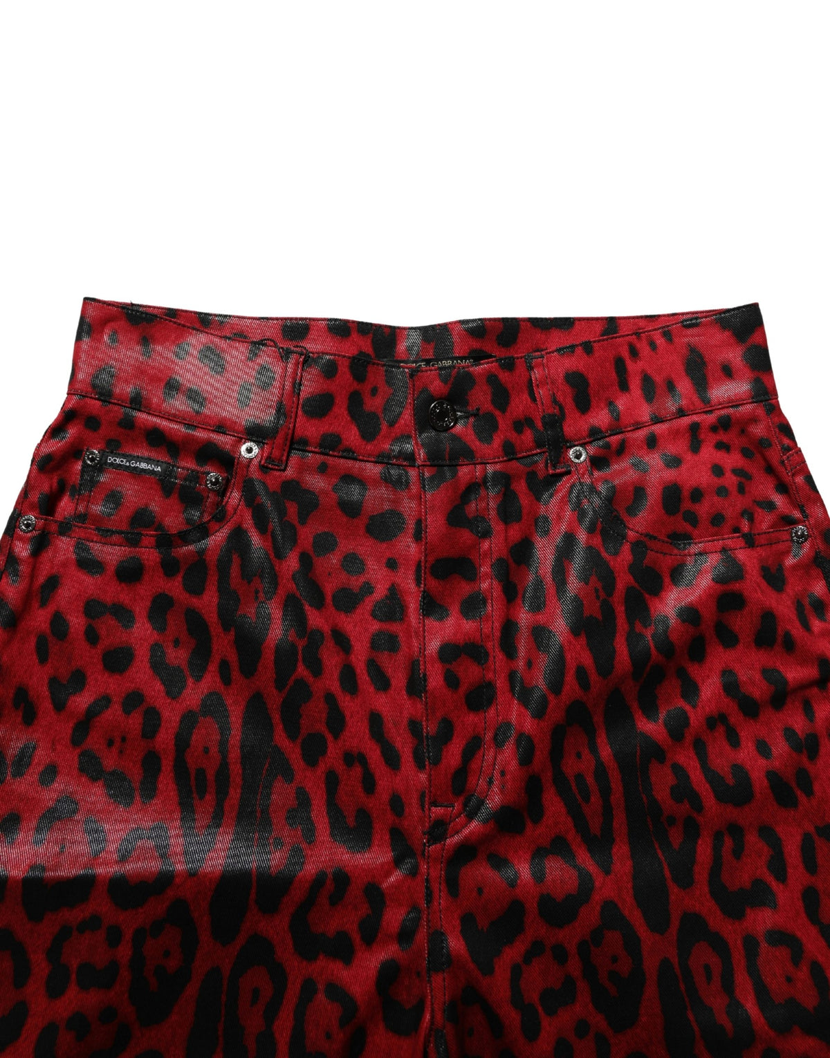 Jean coupe droite 5 poches en coton imprimé léopard rouge Dolce & Gabbana