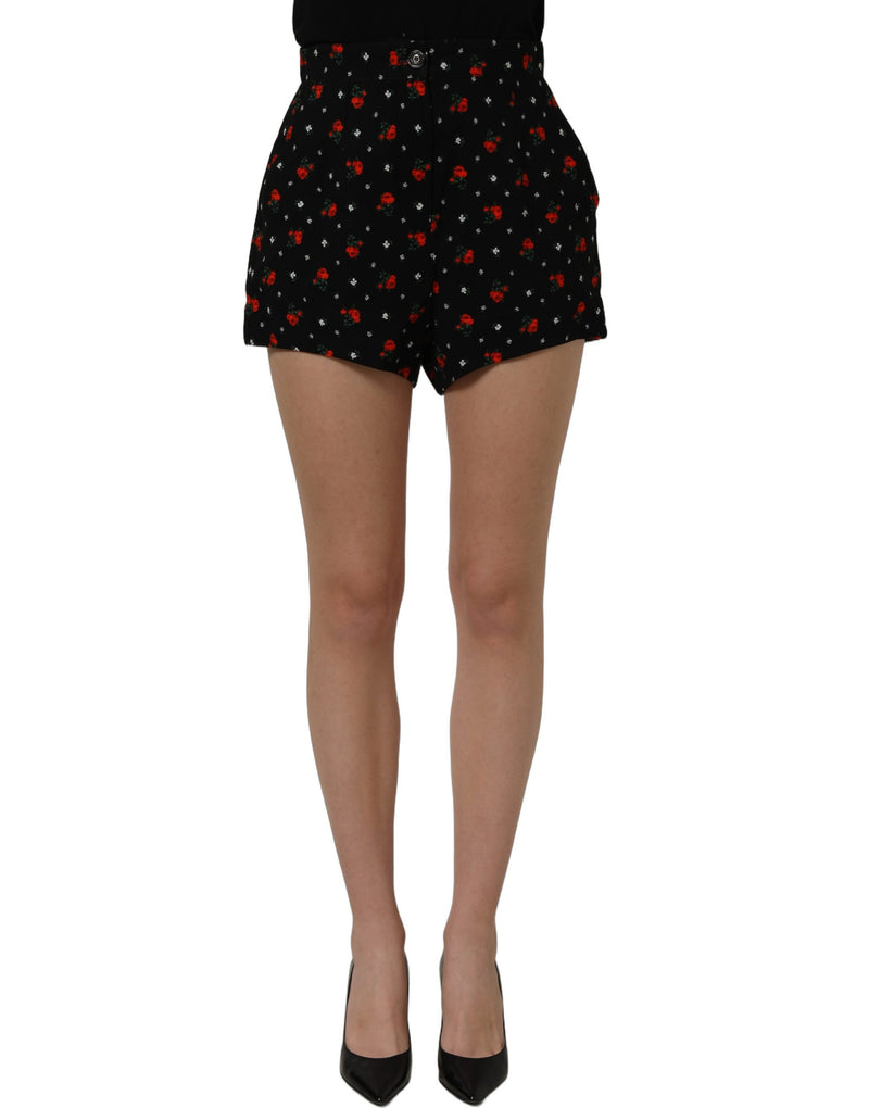 Dolce & Gabbana Black Floral High Rise Women Hot Pants Shorts