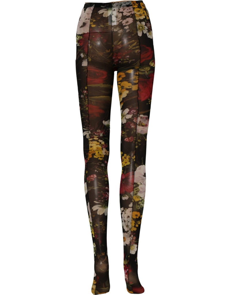 Dolce & Gabbana Black Nylon Floral Print Tights Stockings Socks