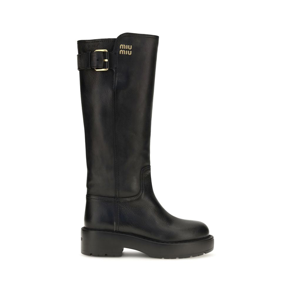 Bottes plates Miu Miu en cuir de veau noir