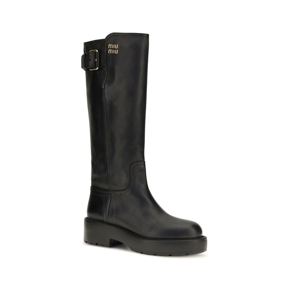 Bottes plates Miu Miu en cuir de veau noir
