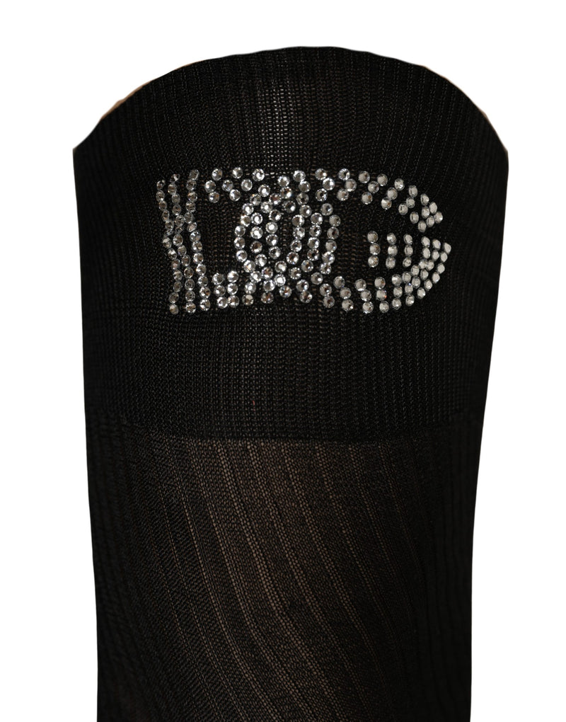 Dolce & Gabbana Black DG Logo Rhinestones Stretch Thigh High Socks