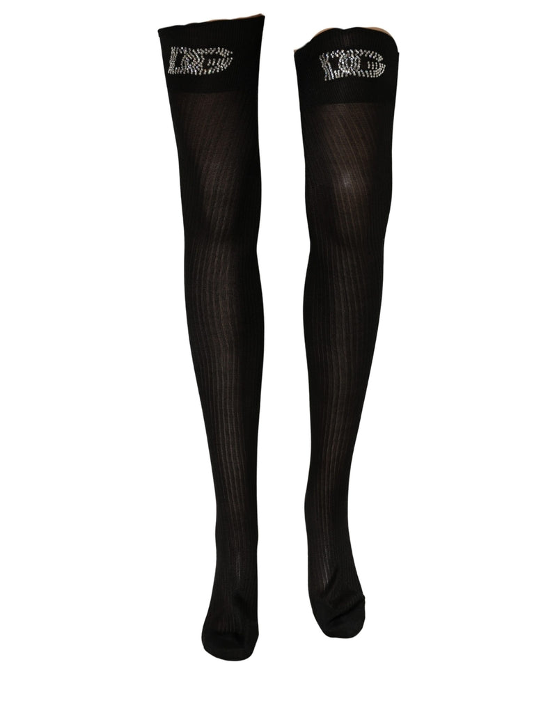 Dolce & Gabbana Black DG Logo Rhinestones Stretch Thigh High Socks
