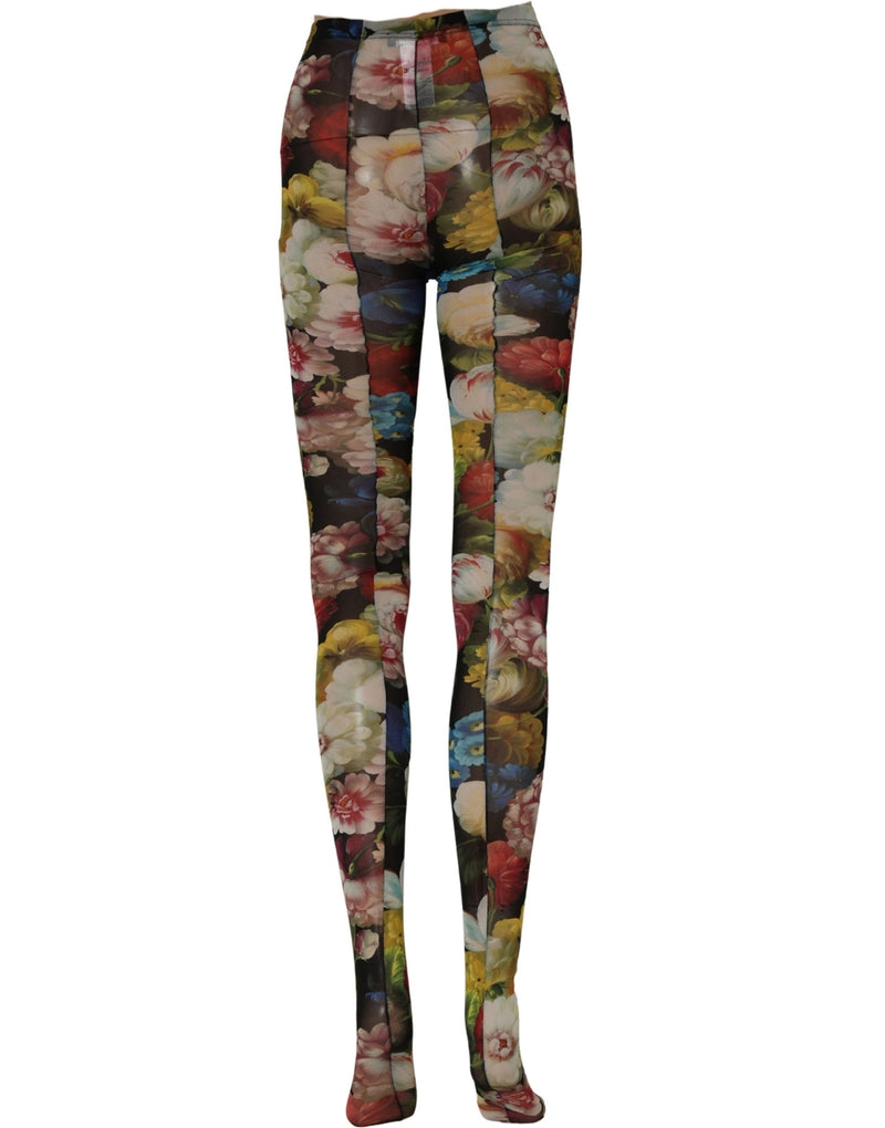 Dolce & Gabbana Black Floral Print Tights Sheer Stockings Socks