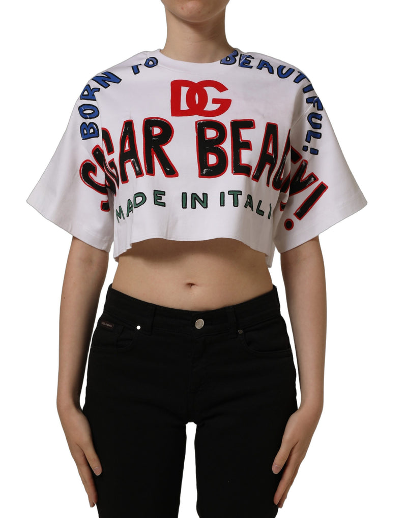 Dolce & Gabbana White Graphic Cotton Jersey Cropped T-shirt
