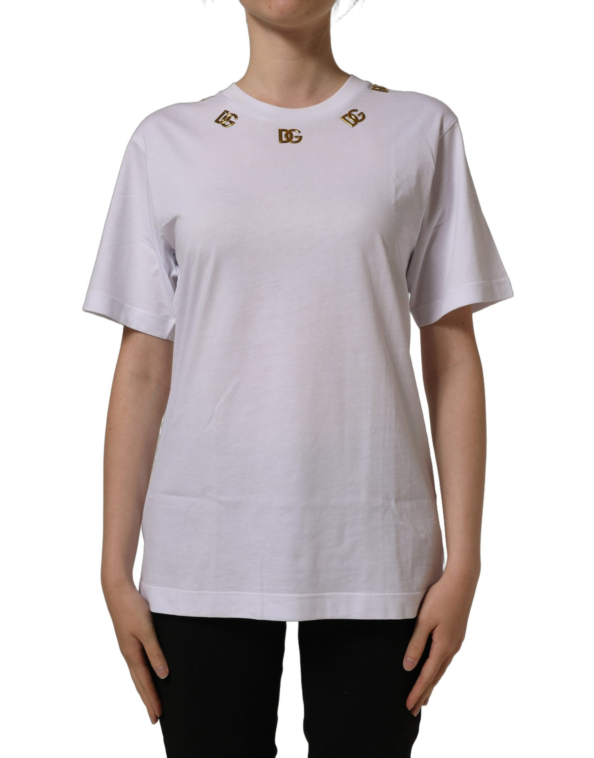 T-shirt col rond Dolce & Gabbana en coton blanc avec logo DG doré