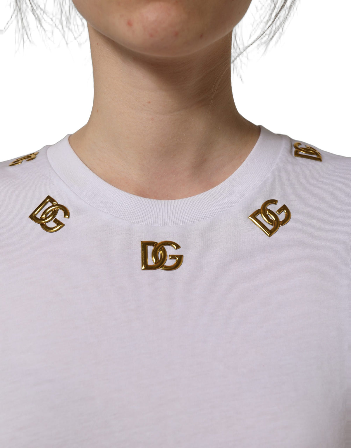 T-shirt col rond Dolce & Gabbana en coton blanc avec logo DG doré