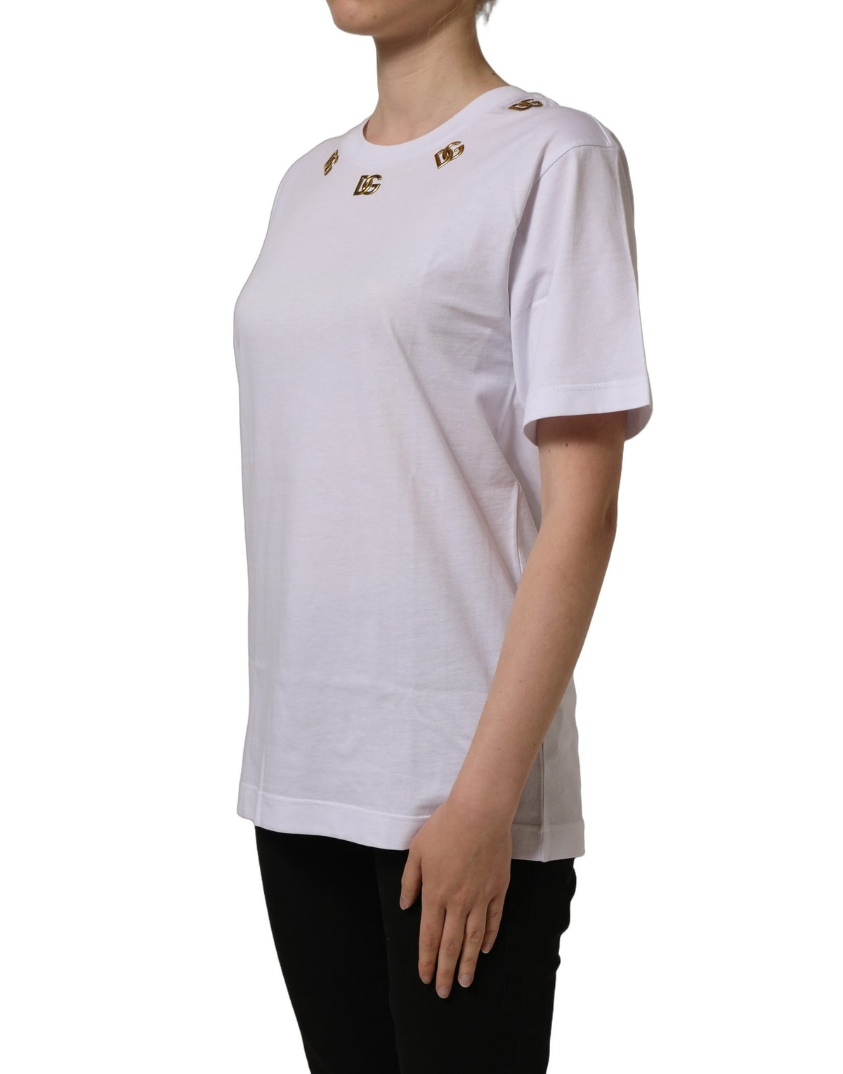 T-shirt col rond Dolce & Gabbana en coton blanc avec logo DG doré