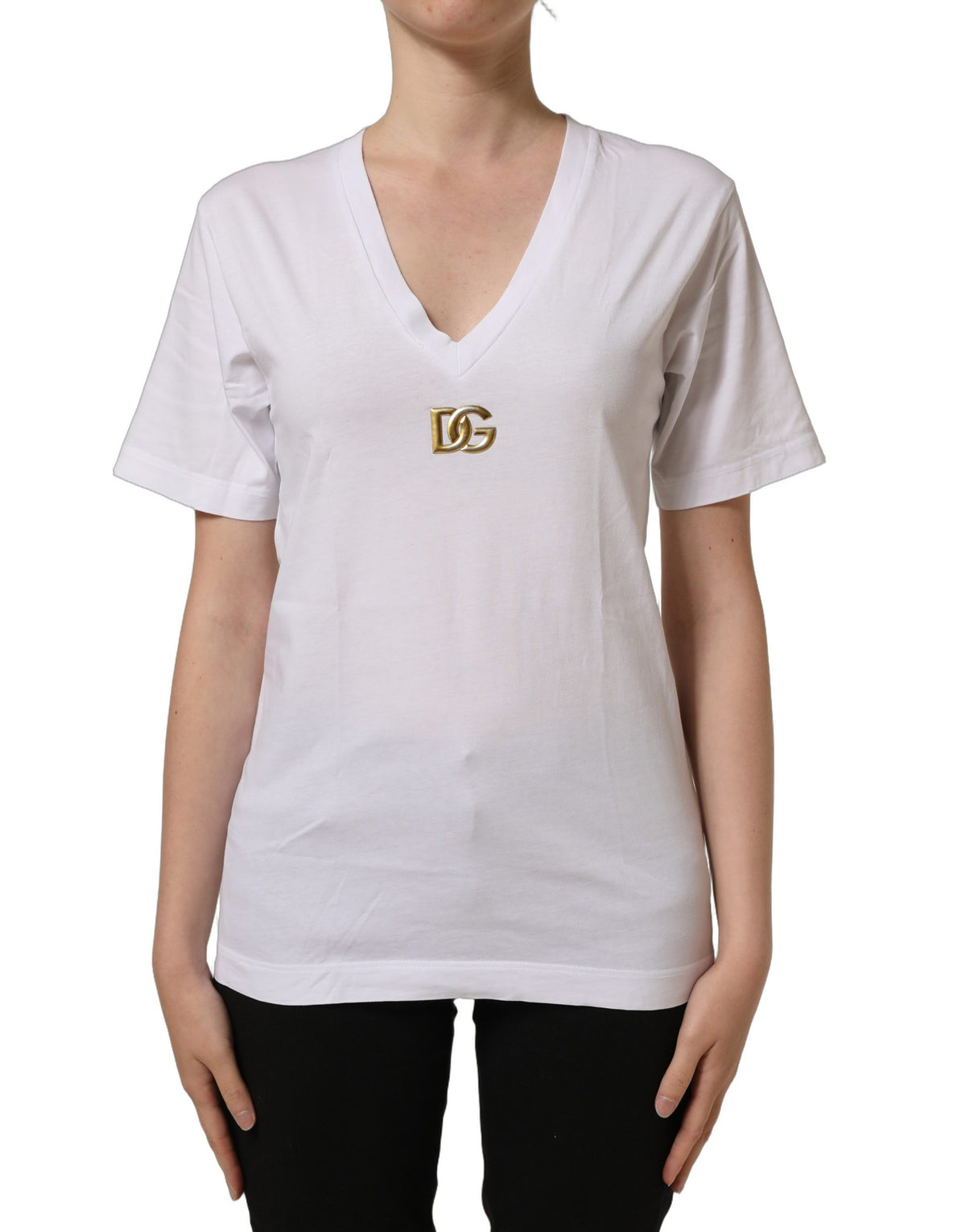 T-shirt blanc en coton à col en V avec logo DG doré Dolce & Gabbana