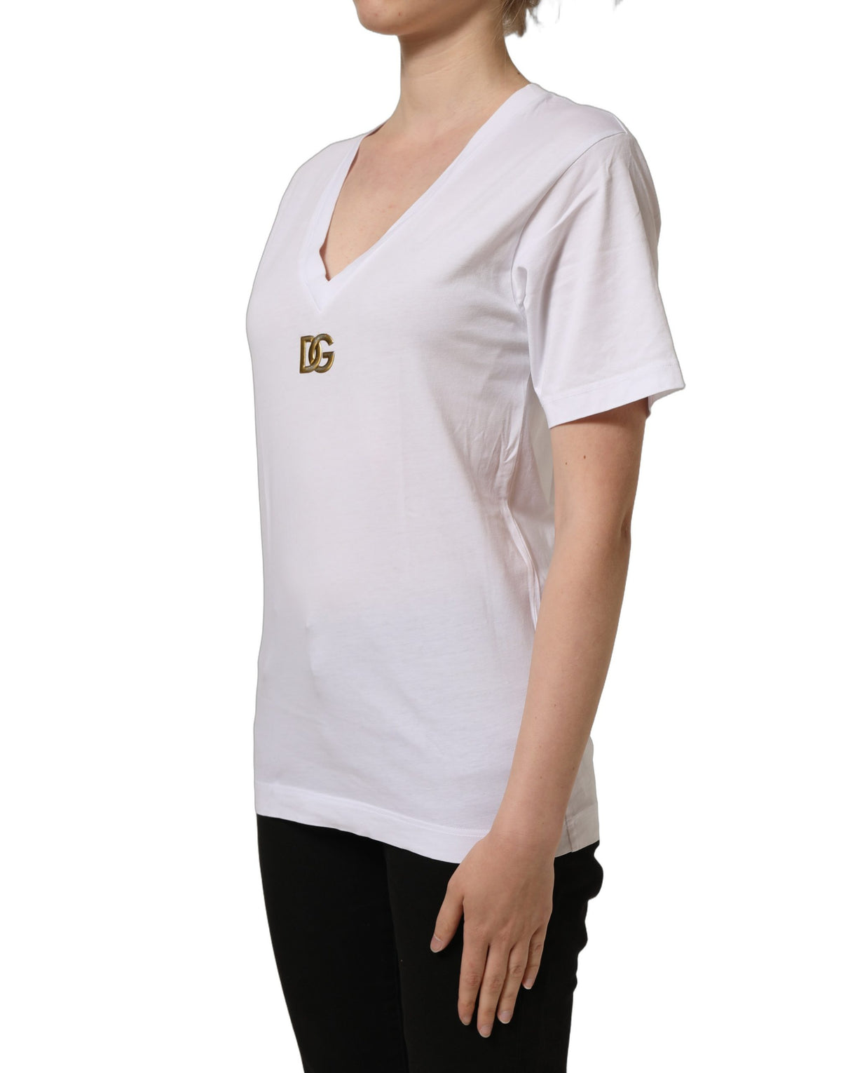 T-shirt blanc en coton à col en V avec logo DG doré Dolce & Gabbana