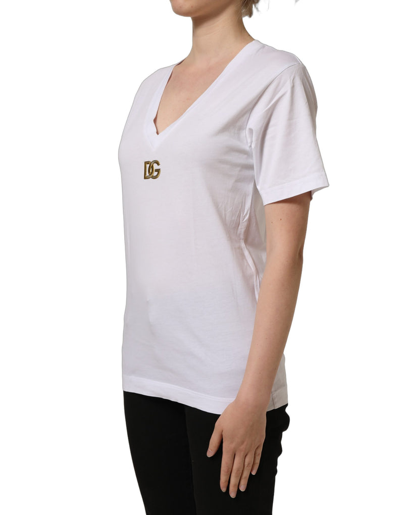 Dolce & Gabbana White Cotton Gold DG Logo V-Neck T-shirt
