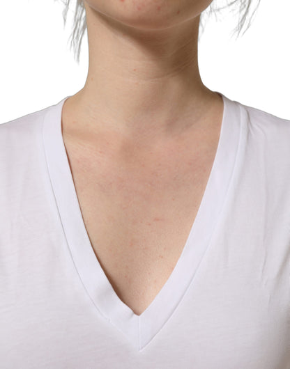 Dolce & Gabbana White Cotton Gold DG Logo V-Neck T-shirt