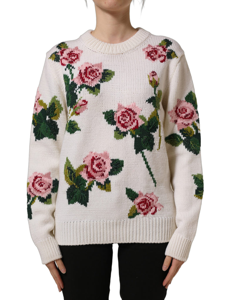 Dolce & Gabbana White Wool Floral Crew Neck Pullover Sweater