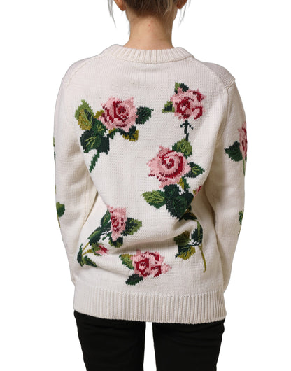 Dolce & Gabbana White Wool Floral Crew Neck Pullover Sweater