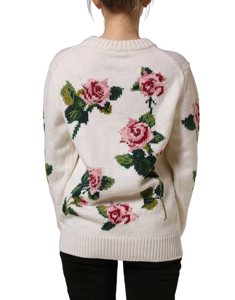 Dolce & Gabbana White Wool Floral Crew Neck Pullover Sweater
