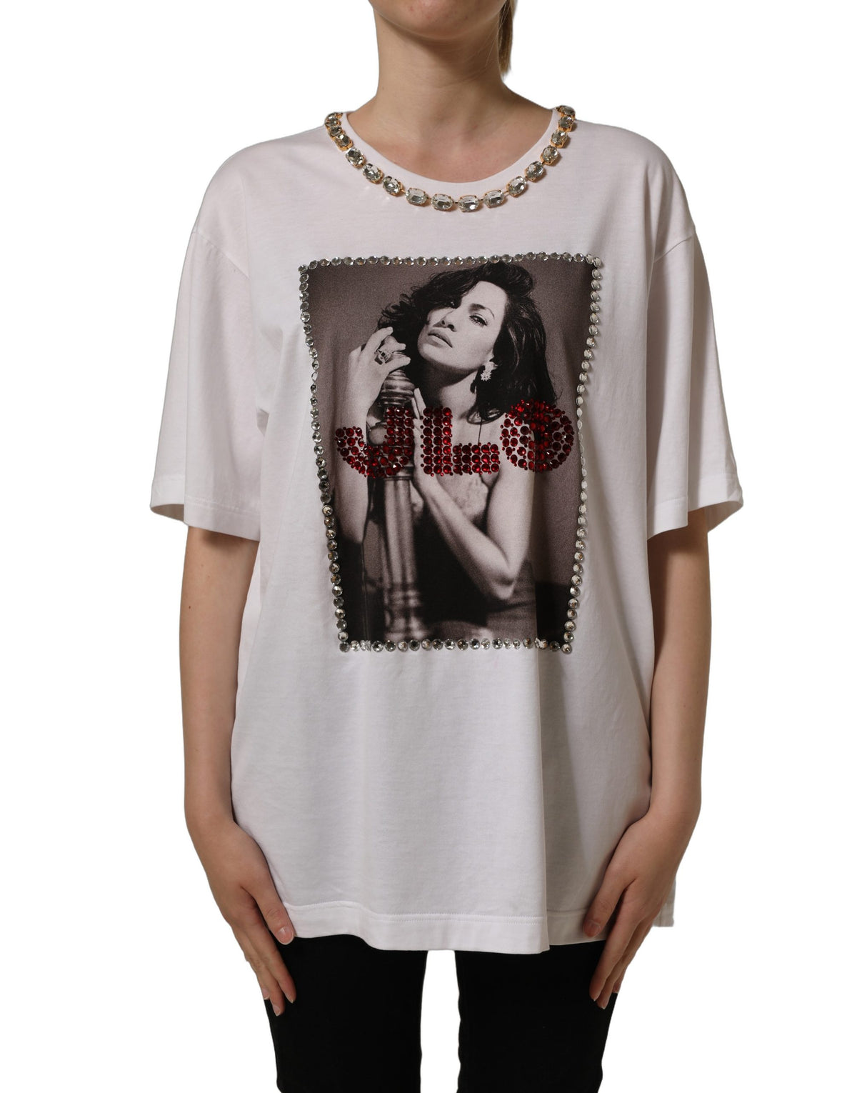 T-shirt Dolce & Gabbana blanc imprimé avec col rond orné de bijoux