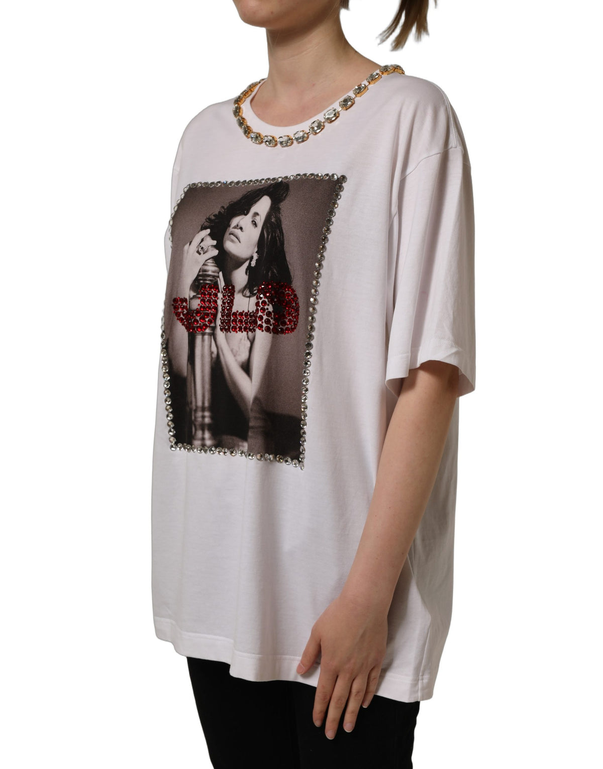 T-shirt Dolce & Gabbana blanc imprimé avec col rond orné de bijoux