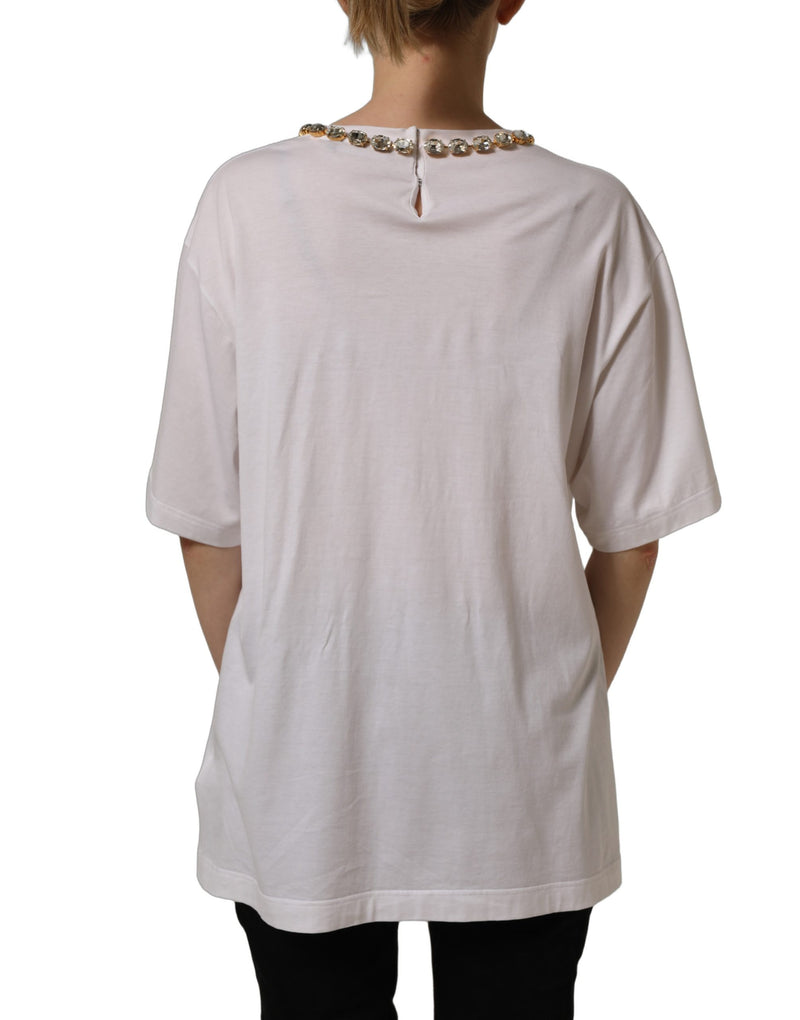 Dolce & Gabbana White Printed Jeweled Round Neck T-shirt