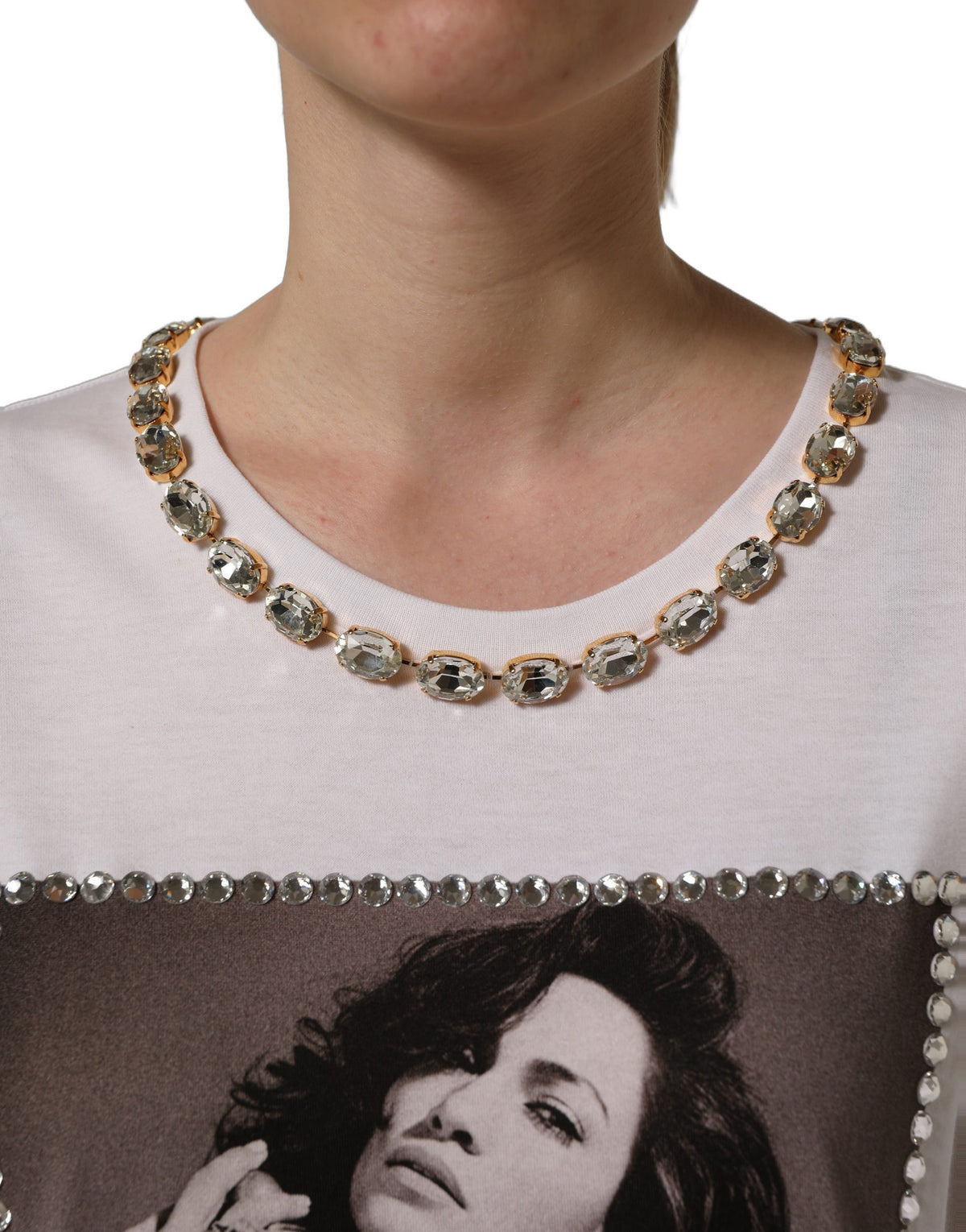 T-shirt Dolce & Gabbana blanc imprimé avec col rond orné de bijoux