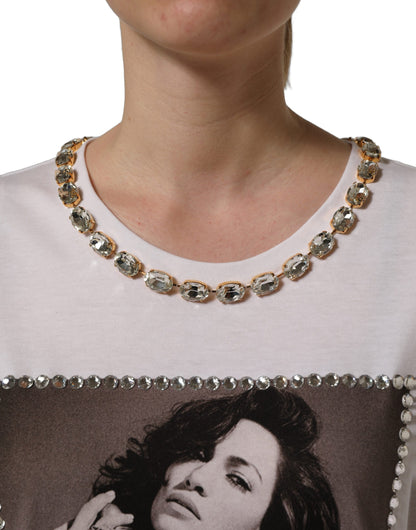 Dolce & Gabbana White Printed Jeweled Round Neck T-shirt