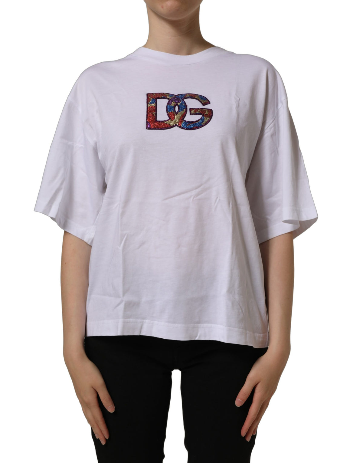 T-shirt en coton à col rond avec patch logo blanc Dolce & Gabbana