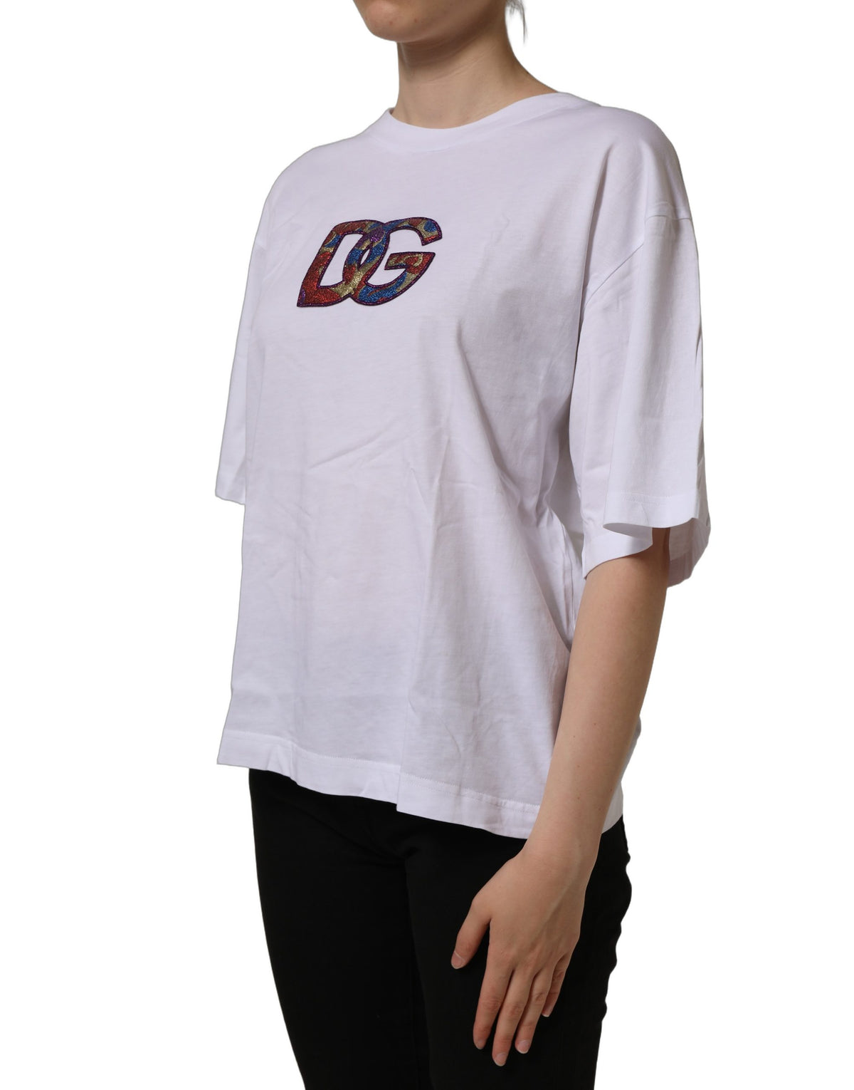 T-shirt en coton à col rond avec patch logo blanc Dolce & Gabbana
