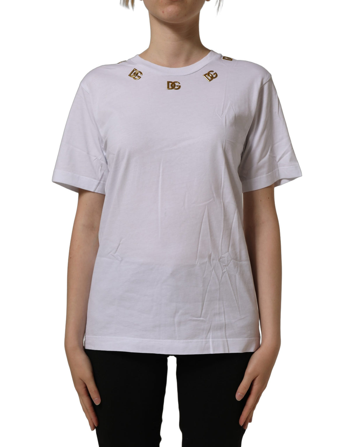 T-shirt ras-du-cou Dolce & Gabbana en coton blanc avec logo DG doré